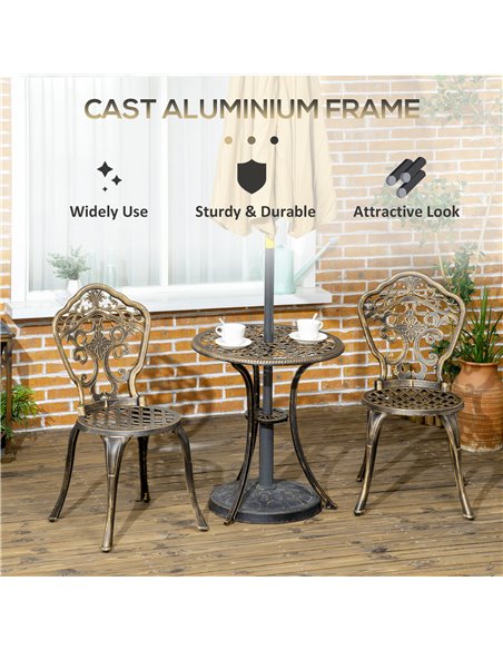 Outsunny 3 Piece Cast Aluminium Garden Bistro Set with Parasol Hole, Bronze - pic 22600 | FastDaddyshop