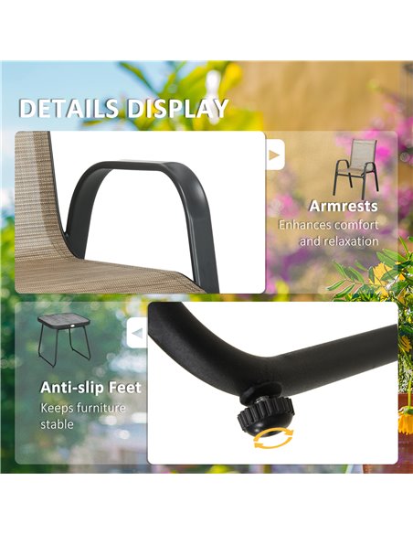 Outsunny 3 Pieces Outdoot Bistro Set, Patio Stackable Armchairs with Breathable Mesh Fabric and PSC Board Coffee Table, Brown - pic 22628 | FastDaddyshop