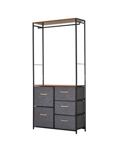 HOMCOM Chest of Drawers with Coat Rack, Steel Frame, 5 Drawers, Black-Brown