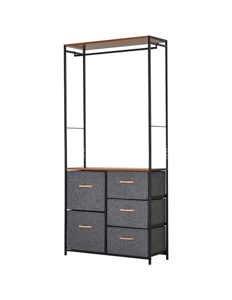 HOMCOM Chest of Drawers with Coat Rack, Steel Frame, 5 Drawers, Black-Brown - pic 22632 | FastDaddyshop