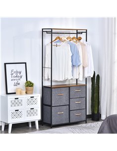 HOMCOM Chest of Drawers with Coat Rack, Steel Frame, 5 Drawers, Black-Brown 2