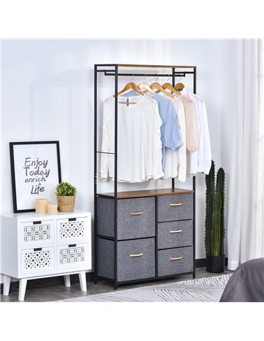 HOMCOM Chest of Drawers with Coat Rack, Steel Frame, 5 Drawers, Black-Brown