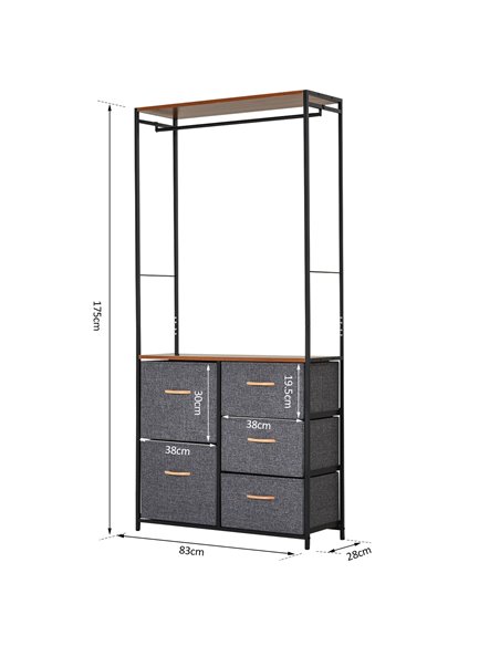 HOMCOM Chest of Drawers with Coat Rack, Steel Frame, 5 Drawers, Black-Brown - pic 22634 | FastDaddyshop