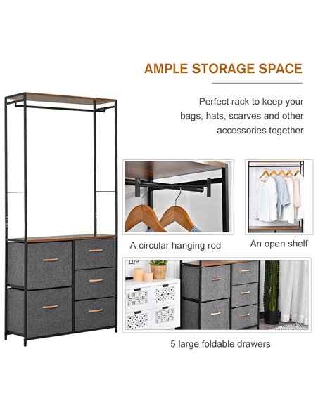 HOMCOM Chest of Drawers with Coat Rack, Steel Frame, 5 Drawers, Black-Brown - pic 22636 | FastDaddyshop