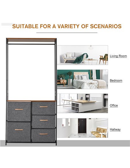 HOMCOM Chest of Drawers with Coat rack Steel Frame 5 Drawers  Bedroom Hallway Home Furniture Black Brown - pic 22637 | FastDaddyshop