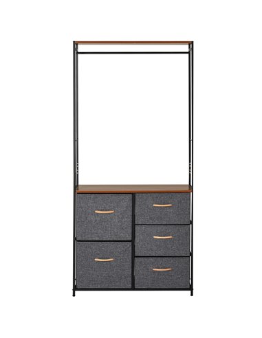 HOMCOM Chest of Drawers with Coat rack Steel Frame 5 Drawers  Bedroom Hallway Home Furniture Black Brown
