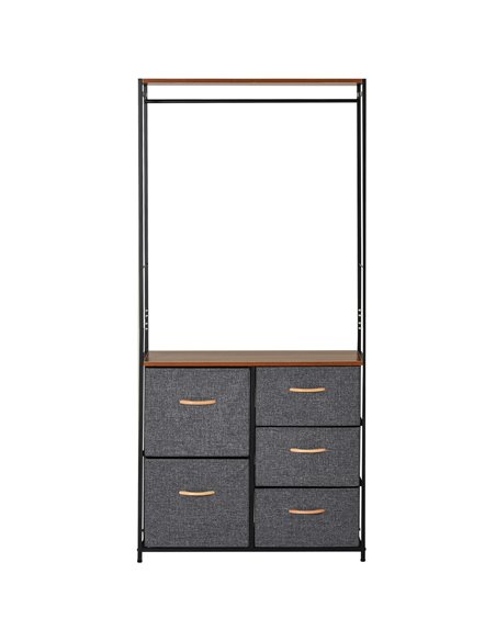 HOMCOM Chest of Drawers with Coat rack Steel Frame 5 Drawers  Bedroom Hallway Home Furniture Black Brown - pic 22639 | FastDaddyshop