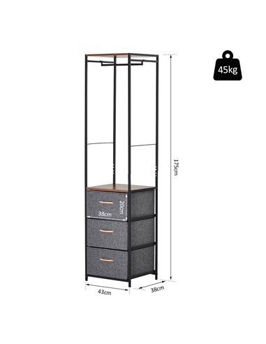 HOMCOM Chest of Drawers with Coat Rack, Steel Frame, 3 Drawers, Black-Brown