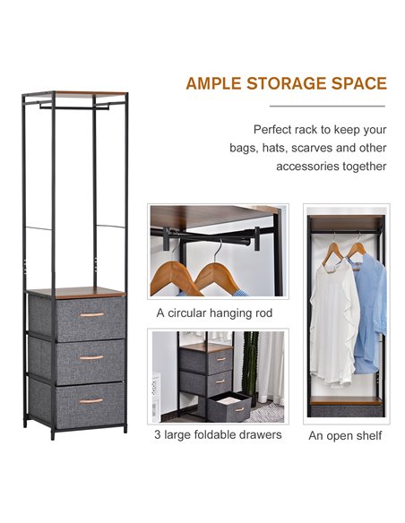 HOMCOM Chest of Drawers with Coat Rack, Steel Frame, 3 Drawers, Black-Brown - pic 22645 | FastDaddyshop