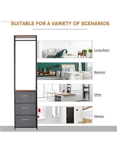 HOMCOM Chest of Drawers with Coat rack Steel Frame 3 Drawers  Bedroom Hallway Home Furniture Black Brown