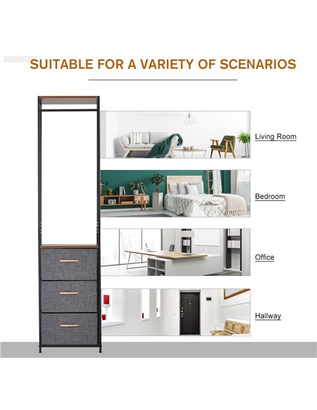 HOMCOM Chest of Drawers with Coat rack Steel Frame 3 Drawers  Bedroom Hallway Home Furniture Black Brown - pic 22646 | FastDaddyshop