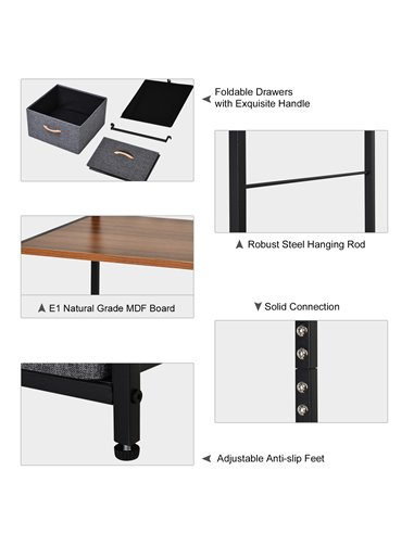 HOMCOM Chest of Drawers with Coat rack Steel Frame 3 Drawers  Bedroom Hallway Home Furniture Black Brown
