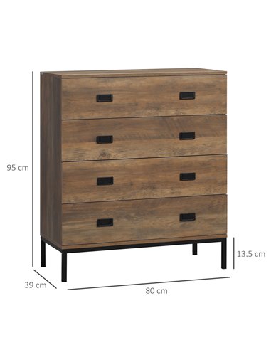 HOMCOM Chest of Drawers, 4-Drawer Storage Organiser Unit with Metal Frame, Brown