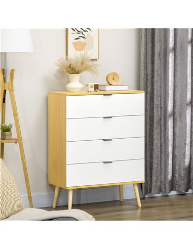 HOMCOM Chest of Drawers, 4-Drawer Storage Organiser Unit with Pine Wood Legs, White-Natural