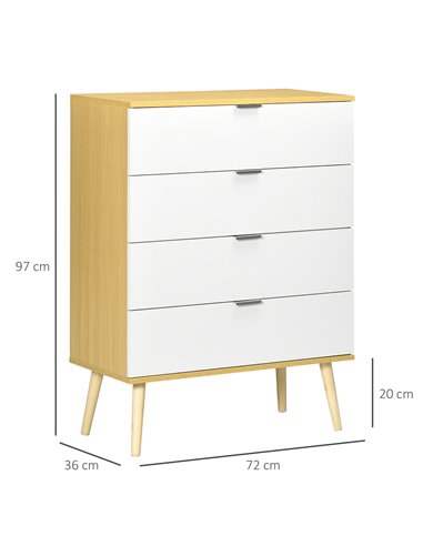 HOMCOM Chest of Drawers, 4-Drawer Storage Organiser Unit with Pine Wood Legs, White-Natural