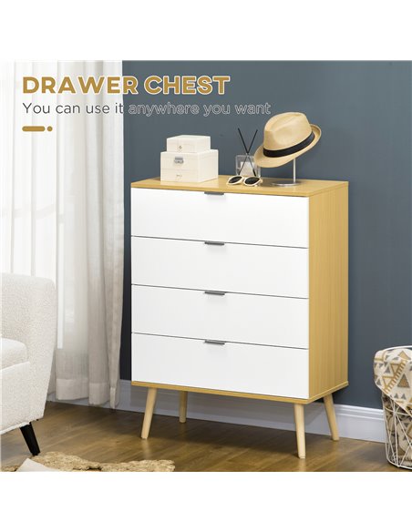 HOMCOM Chest of Drawers, 4-Drawer Storage Organiser Unit with Pine Wood Legs, White-Natural - pic 22779 | FastDaddyshop