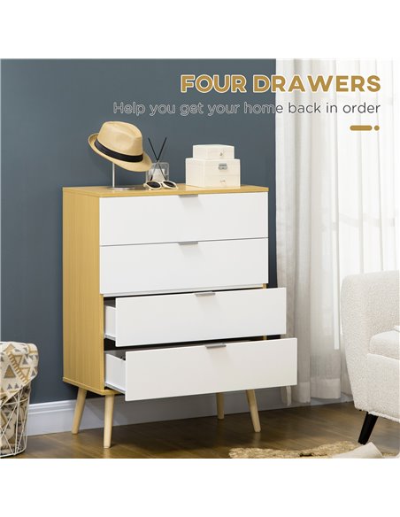 HOMCOM Chest of Drawers, 4-Drawer Storage Organiser Unit with Pine Wood Legs, White-Natural - pic 22780 | FastDaddyshop