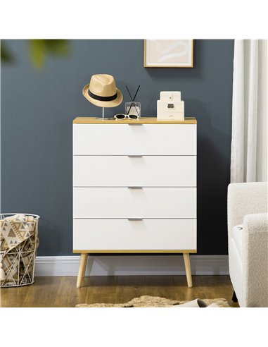 HOMCOM Chest of Drawers, 4-Drawer Storage Organiser Unit with Pine Wood Legs for Bedroom, Living Room, White and Natural