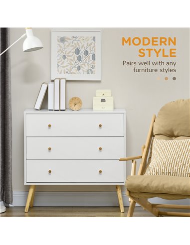 HOMCOM Chest of Drawers, 3-Drawer Storage Organiser Unit with Wood Legs, White