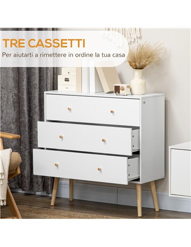 HOMCOM Chest of Drawers, 3-Drawer Storage Organiser Unit with Wood Legs, White