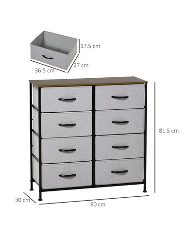HOMCOM Chest of Drawers with 8 Fabric Drawers, Steel Frame, Wooden Top, Grey