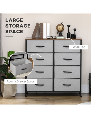 HOMCOM Chest of Drawers with 8 Fabric Drawers, Steel Frame, Wooden Top, Grey