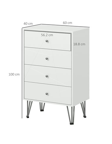 HOMCOM Tall Chest of Drawers, 4-Drawer Dresser with Hairpin Legs, White