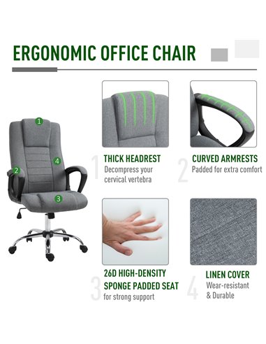 Vinsetto High Back Office Chair 360° Swivel Chair Adjustable Height Tilt Function Linen Deep Grey 62W x 62D x 110-119H cm