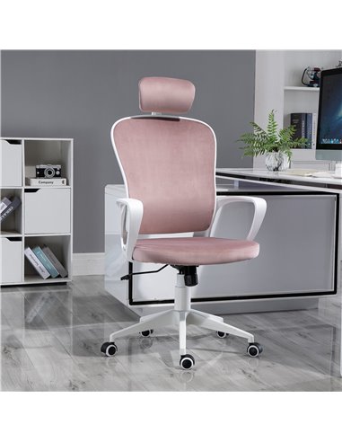 Vinsetto High-Back Velvet Style Fabric Office Chair with Rotatable Liftable Headrest, Pink