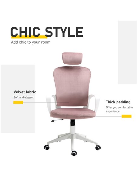Vinsetto High-Back Velvet Style Fabric Office Chair with Rotatable Liftable Headrest, Pink - pic 22959 | FastDaddyshop