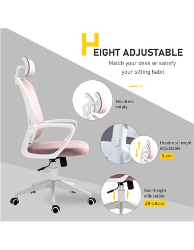 Vinsetto High-Back Office Chair Velvet Style Fabric Computer Home Rocking with Wheels, Rotatable Liftable Headrest, Pink