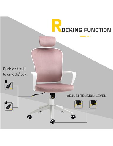 Vinsetto High-Back Office Chair Velvet Style Fabric Computer Home Rocking with Wheels, Rotatable Liftable Headrest, Pink
