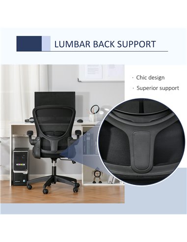 Vinsetto Mesh Office Chair Swivel Task Desk Chair for Home with Lumbar Back Support, Adjustable Height, Flip-Up Arm, Black