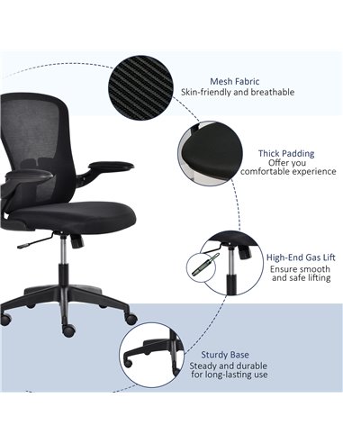 Vinsetto Mesh Office Chair Swivel Task Desk Chair for Home with Lumbar Back Support, Adjustable Height, Flip-Up Arm, Black