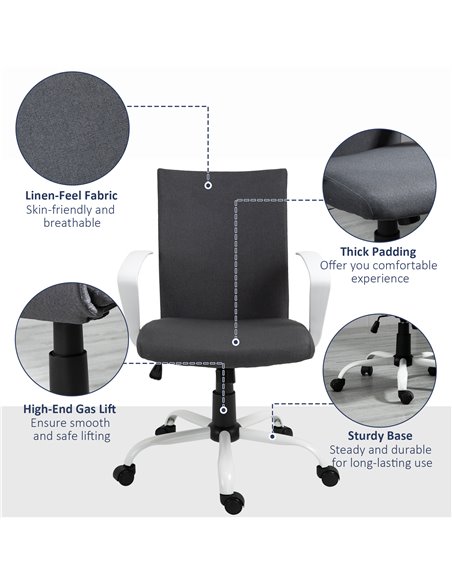 Vinsetto Office Chair Linen Swivel Computer Desk Chair Home Study Task Chair with Wheels, Arm, Charcoal Grey - pic 22981 | FastDaddyshop