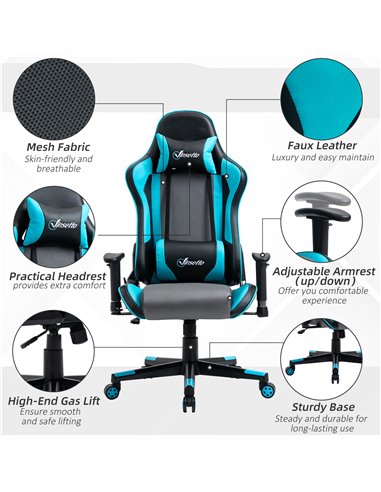 Vinsetto Racing Style Ergonomic Gaming Chair with High Back, Headrest, Sky Blue