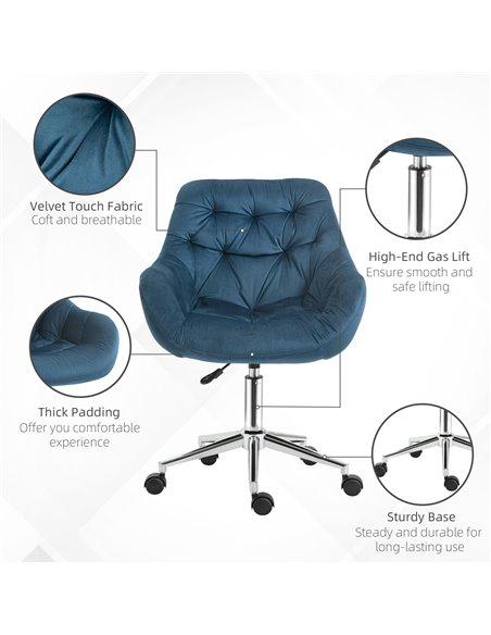 Vinsetto Home Office Chair Velvet Ergonomic Computer Chair Comfy Desk Chair with Adjustable Height, Arm and Back Support, Blue - pic 23051 | FastDaddyshop