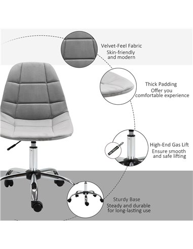 Vinsetto Ergonomic Office Chair with Adjustable  Height and Wheels Velvet Executive Chair Armless for Home Study Bedroom Grey