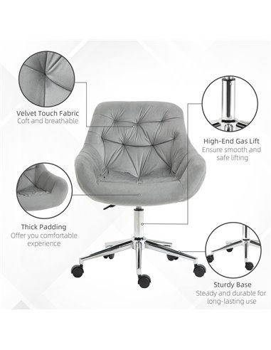 Vinsetto Home Office Chair Velvet Ergonomic Computer Chair Comfy Desk Chair with Adjustable Height, Arm and Back Support, Grey