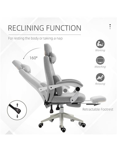 Vinsetto Home Office Chair w/ Manual Footrest Recliner Padded Modern Adjustable Swivel Seat w/ 2 Pillows Armrest Ergonomic Grey
