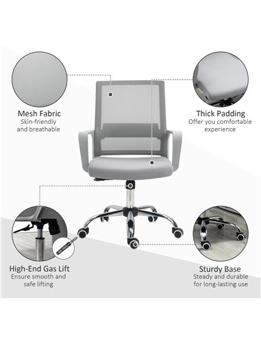 Vinsetto Ergonomic Desk Chair Mesh Office Chair with Adjustable Height Armrest and 360° Swivel Castor Wheels Grey