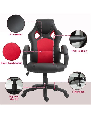 Vinsetto Faux Leather High-Back Office Chair with Wheels, Armrests, Black & Red
