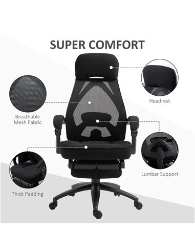 Vinsetto Mesh Office Chair with Footrest for Home Office Lunch Break Recliner High Back Adjustable Height with Headrest, Black