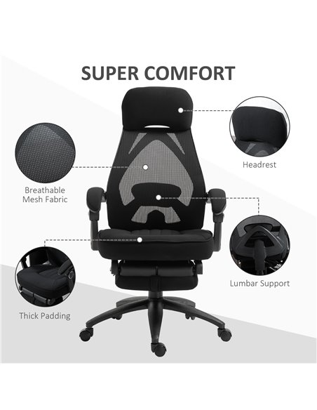 Vinsetto Mesh Office Chair with Footrest for Home Office Lunch Break Recliner High Back Adjustable Height with Headrest, Black - pic 23240 | FastDaddyshop