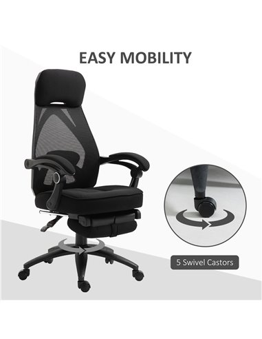 Vinsetto Mesh Office Chair with Footrest for Home Office Lunch Break Recliner High Back Adjustable Height with Headrest, Black
