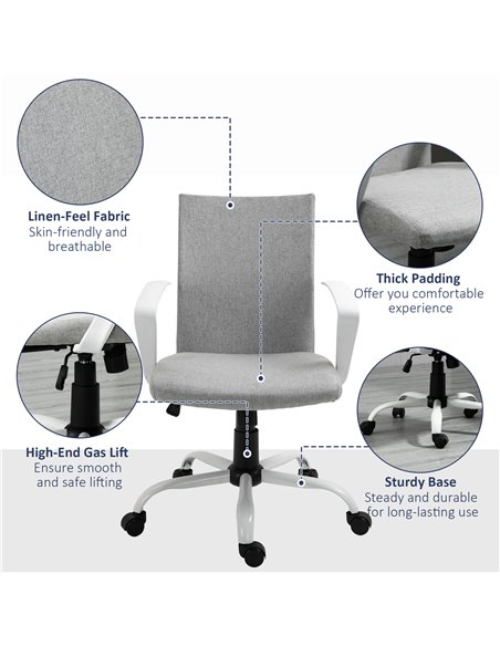 Vinsetto Office Chair Linen Swivel Computer Desk Chair Home Study Task Chair with Wheels, Arm, Adjustable Height, Light Grey - pic 23286 | FastDaddyshop