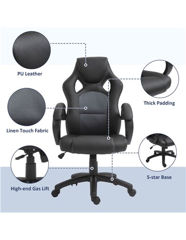 Vinsetto High-Back Office Chair Faux Leather Swivel Computer Desk Chair for Home Office with Wheels Armrests Black
