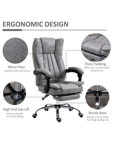 Vinsetto Home Office Chair Microfibre Desk Chair with Reclining Function Armrests Swivel Wheels Footrest Grey