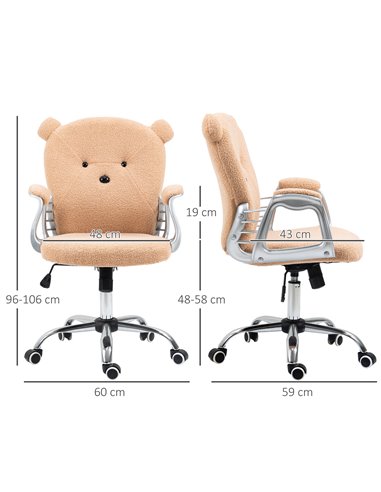 Vinsetto Cute Bear Shape Desk Chair with Teddy Fleece Fabric, Padded Armrests, Brown