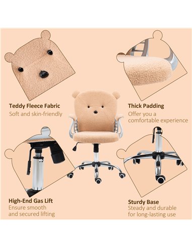 Vinsetto Cute Bear Shape Desk Chair with Teddy Fleece Fabric, Padded Armrests, Brown